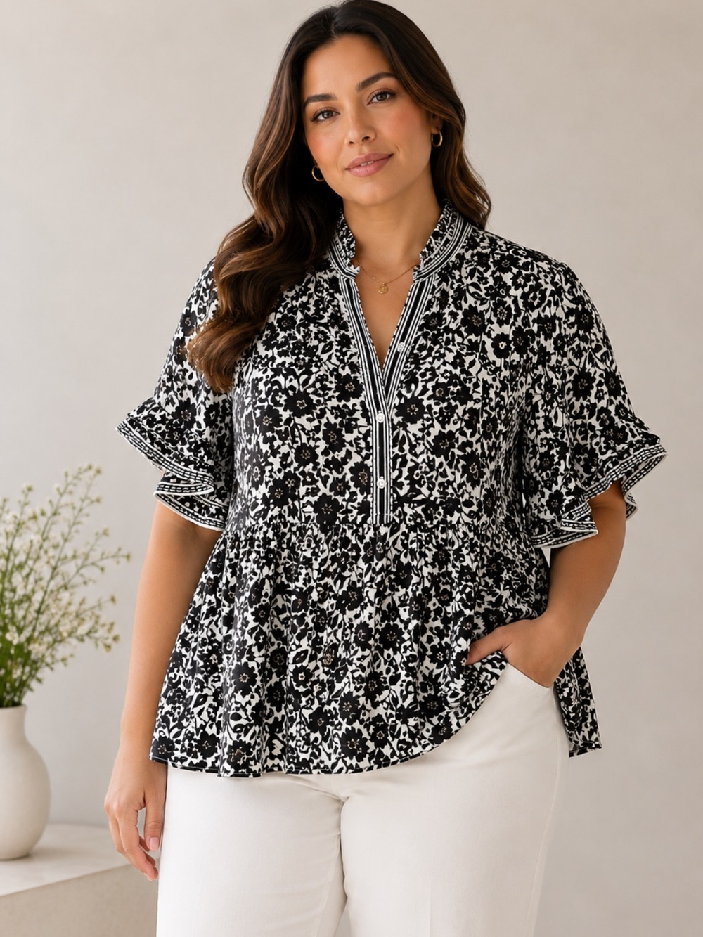 Max Studio Black and White Floral V-Neck Peplum Blouse